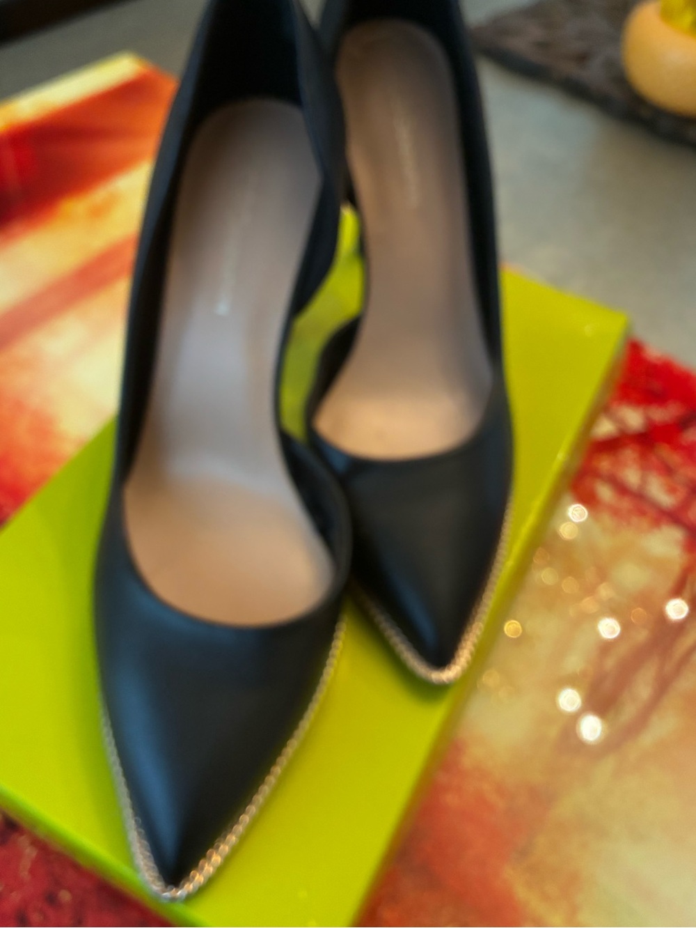 Women’s Navy Blue Pointed Toe Heels with Chain Trim
